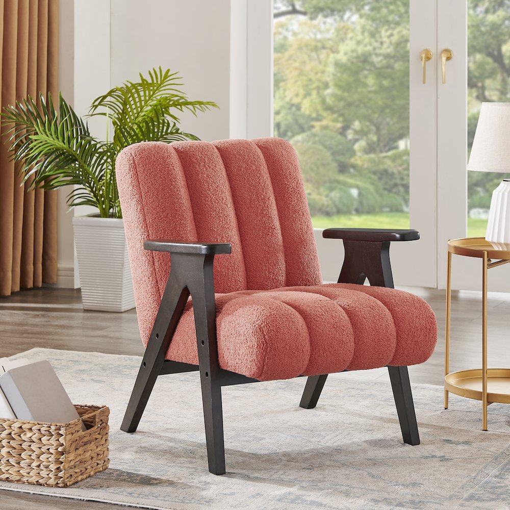 Rella Modern Teddy Sherpa Accent Chair with Espresso Wood Frame, Coral. Picture 2