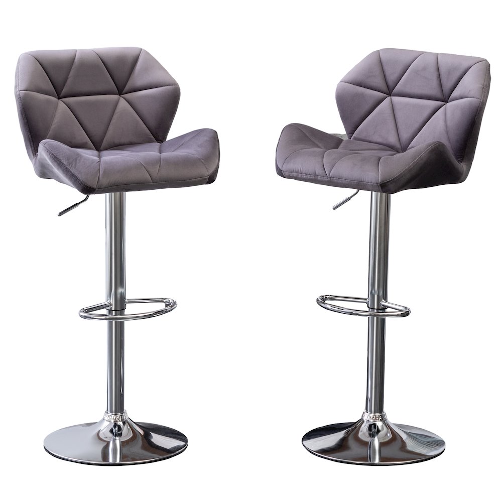 Breni Velvet Diamond Tufted Swivel Adjustable Height Barstool, Set of 2, Gray. Picture 1
