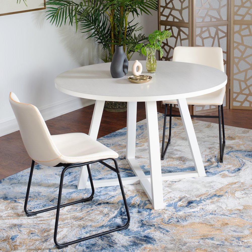 Varna 3-Pc Round Dining Set, Trestle Dining Table with 2  Chairs, White. Picture 3