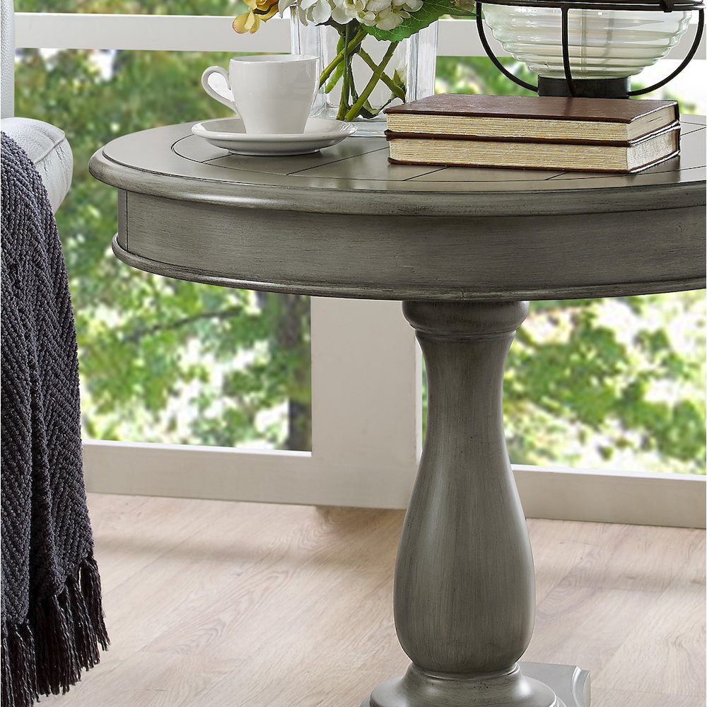 Rene Round Wood Pedestal Side Table, Gray. Picture 5