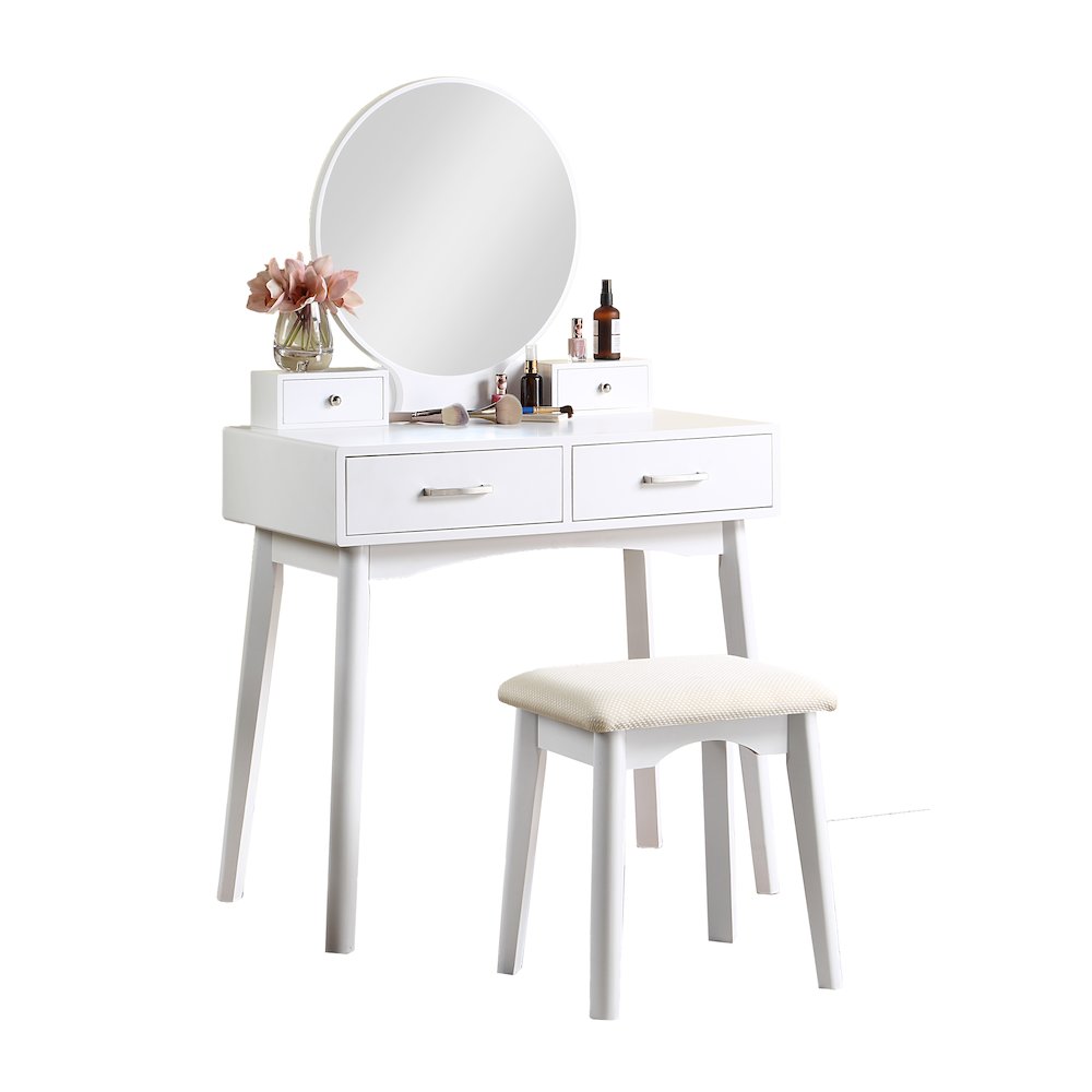 Liannon Contemporary Wood Vanity and Stool Set, White. Picture 1