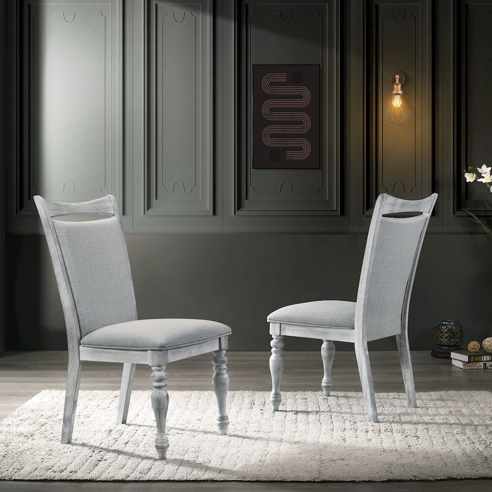 Iris 5-Pc Dining Set Pedestal Table with 4 Chairs, Weathered White and Gray. Picture 5