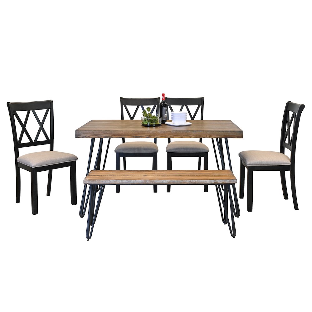 Arroyo 6-Pc Dining Set, Hairpin Dining Table with 4 Chairs and Bench, Rich Black. Picture 1