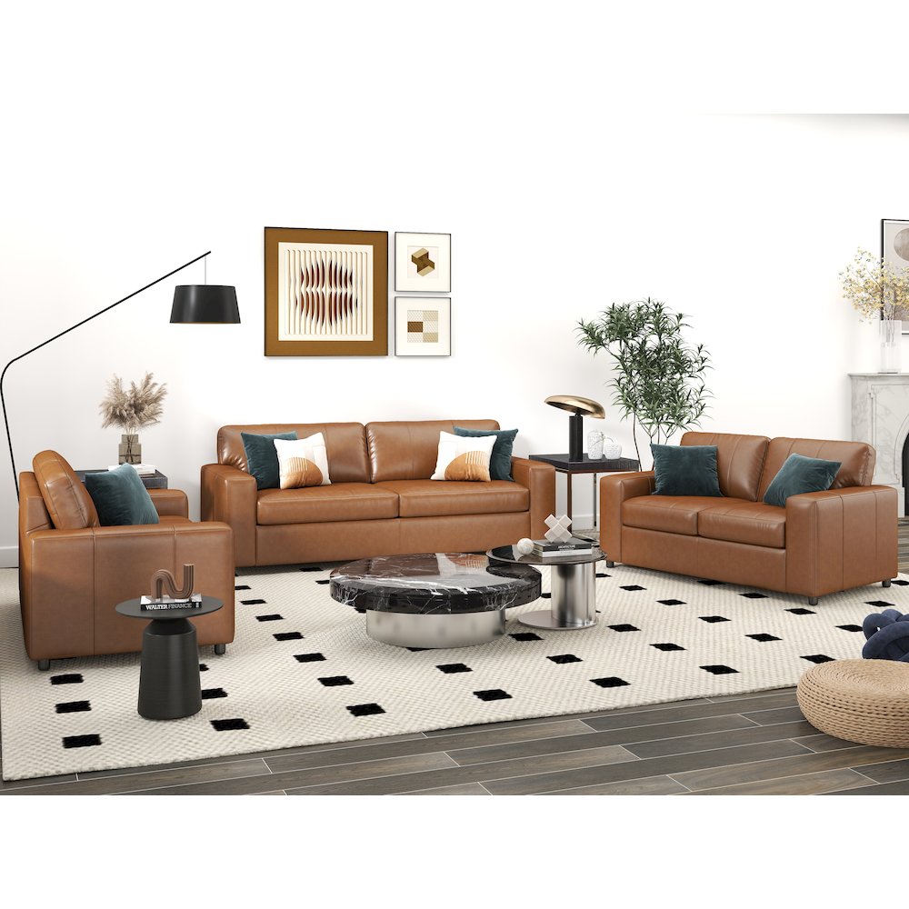 Sakan Leather 4-Pc Living Room Set, Sofa Loveseat, Chair and Ottoman, Caramel. Picture 3