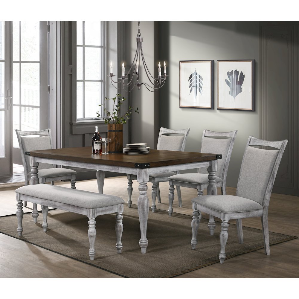 6 Piece Dining Table Set, 4 Upholstered Chairs, 1 Bench, Rustic White and Oak. Picture 2