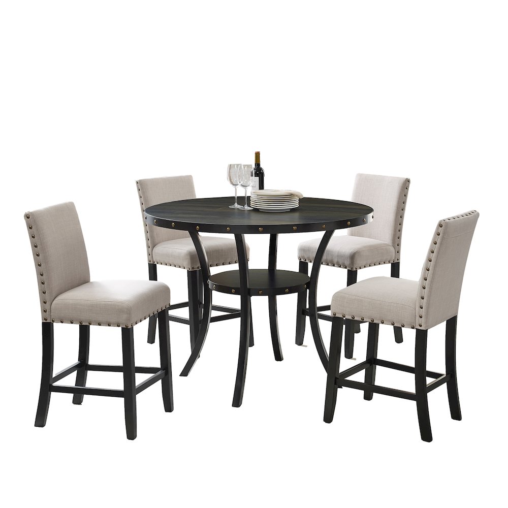 Biony Espresso Wood Counter Height Dining Set with Tan Fabric Nailhead Stools. Picture 1