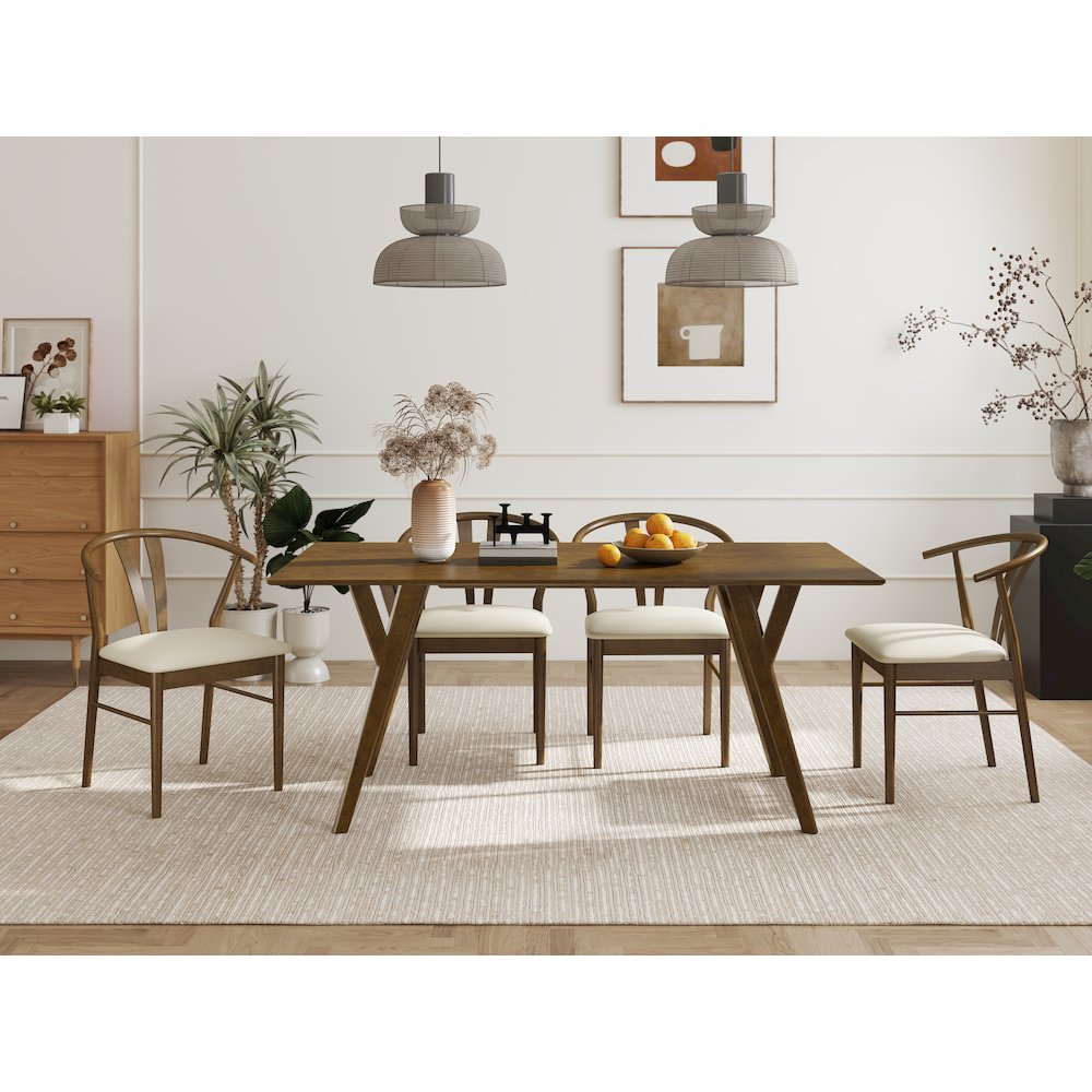 5-Piece Dining Set, Walnut Finished Dining Table with 4 Brown Wishbone Chairs. Picture 3