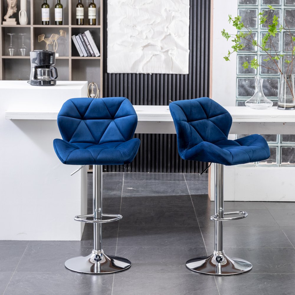 Breni Velvet Diamond Tufted Swivel Adjustable Height Barstool, Set of 2, Blue. Picture 6