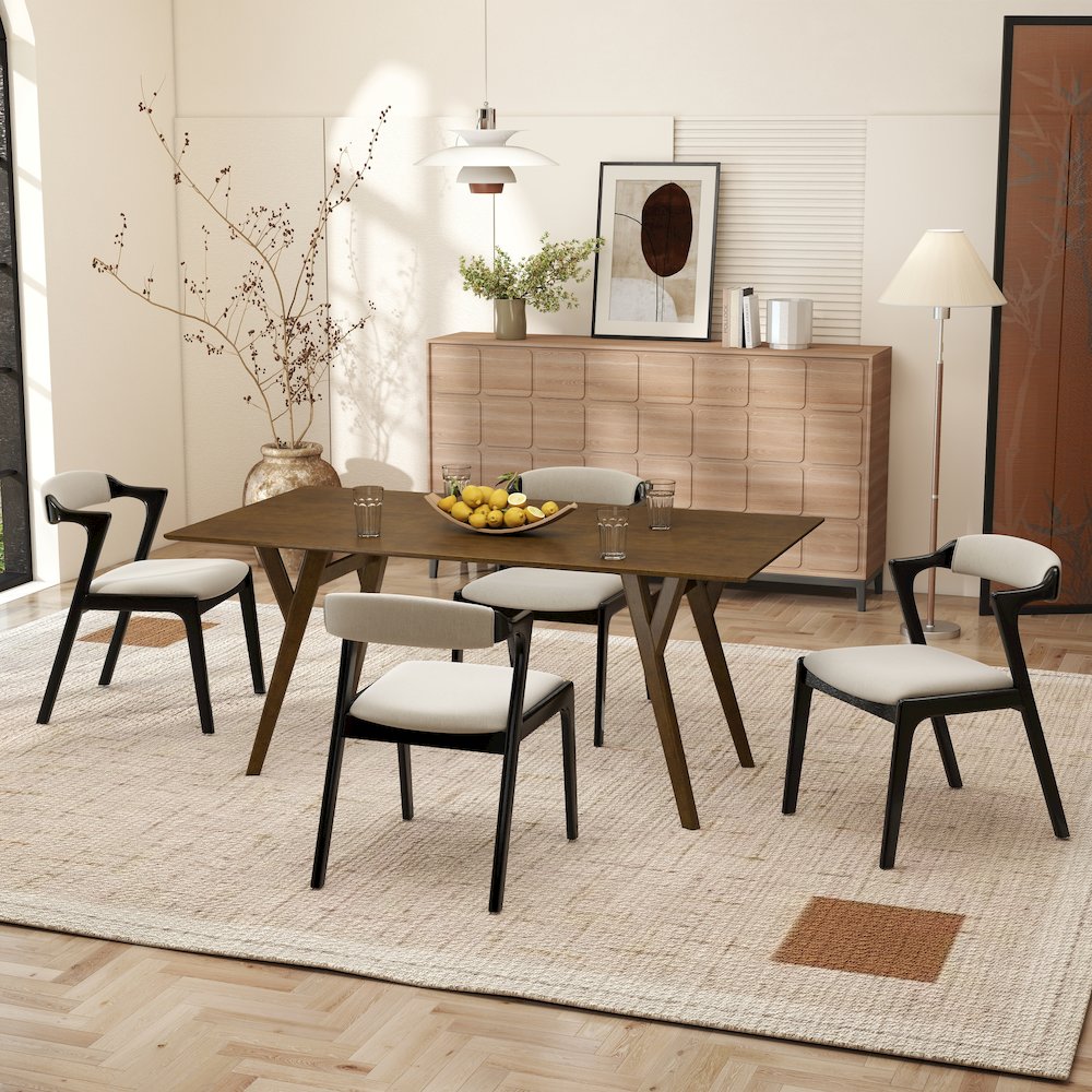 Modern 5-Piece Dining Set, Walnut Finished Dining Table with 4 Black Chairs. Picture 2