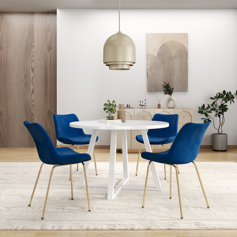 Avant 5-Piece Round Dining Set, Trestle Dining Table with 4 Side Chairs, Blue. Picture 5