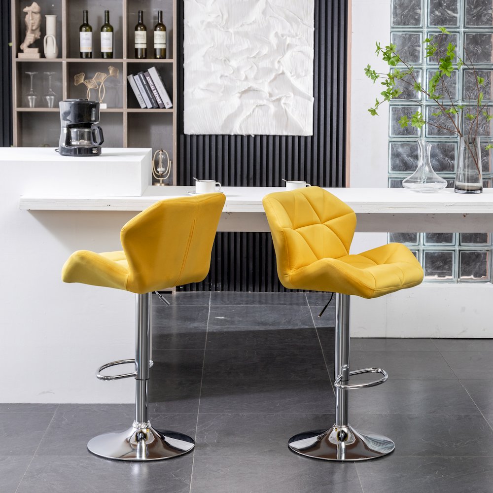 Breni Velvet Diamond Tufted Swivel Adjustable Height Barstool, Set of 2, Yellow. Picture 6
