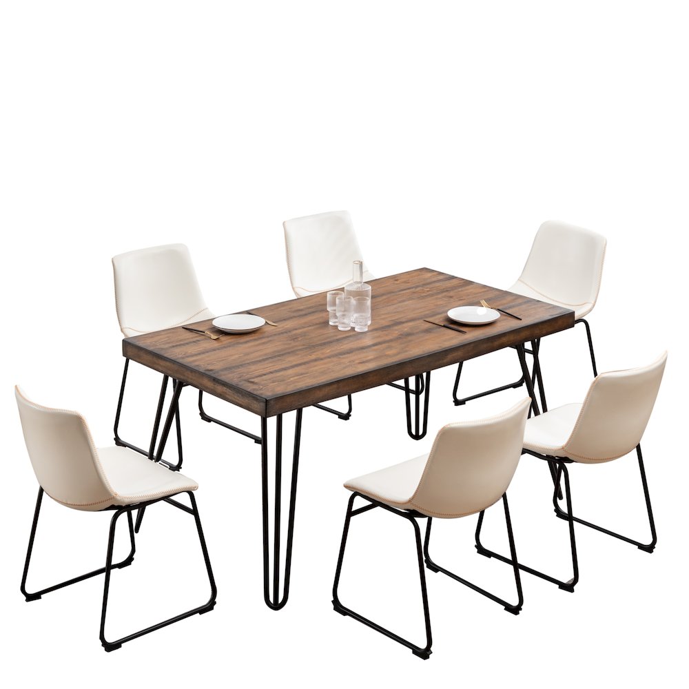Aryven 7-Pc Dining Set with Rustic Dark Pine Table and 6 Chairs in Antique White. Picture 1
