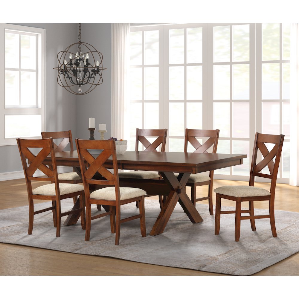 Karven Wood 7-PC Dining Set, Extendable Trestle Table, 6 Chairs, Dark Hazelnut. Picture 3
