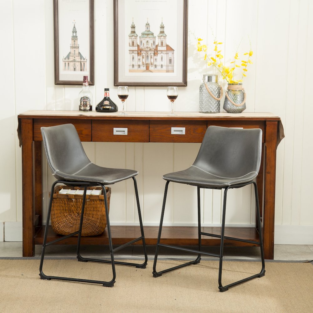 Lotusville Vintage PU Leather Counter Height Stools, Antique Gray, Set of 2. Picture 2