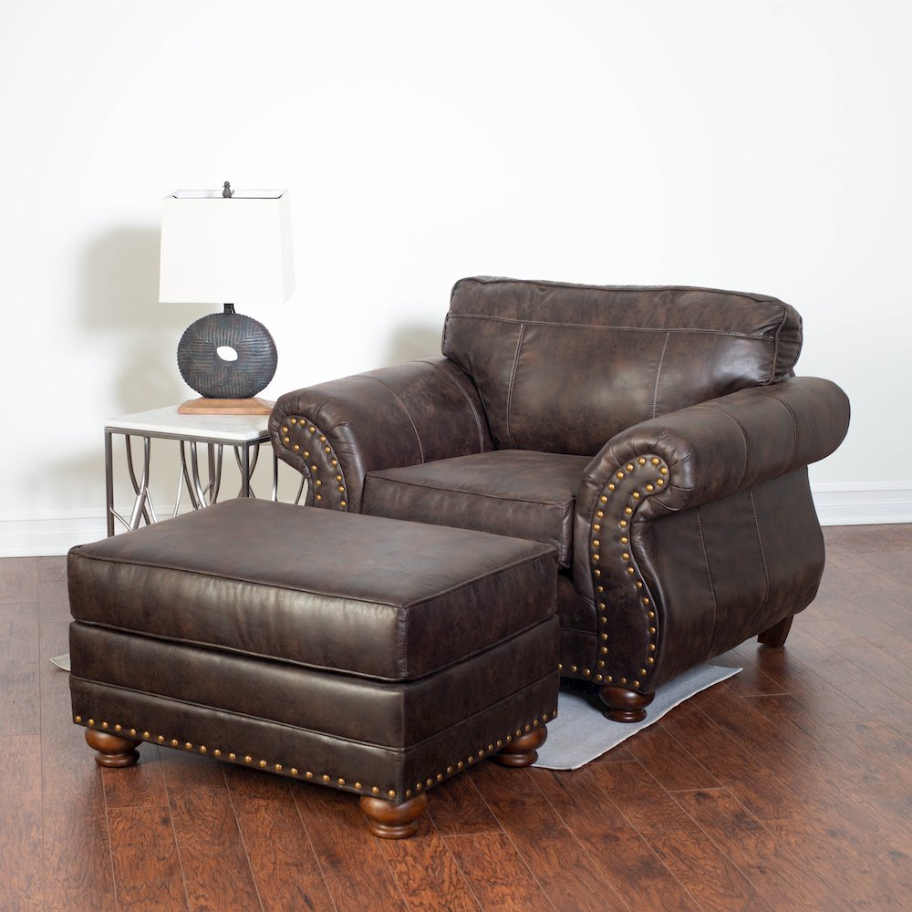 Leinster Faux Leather Upholstered Nailhead Ottoman in Espresso. Picture 2