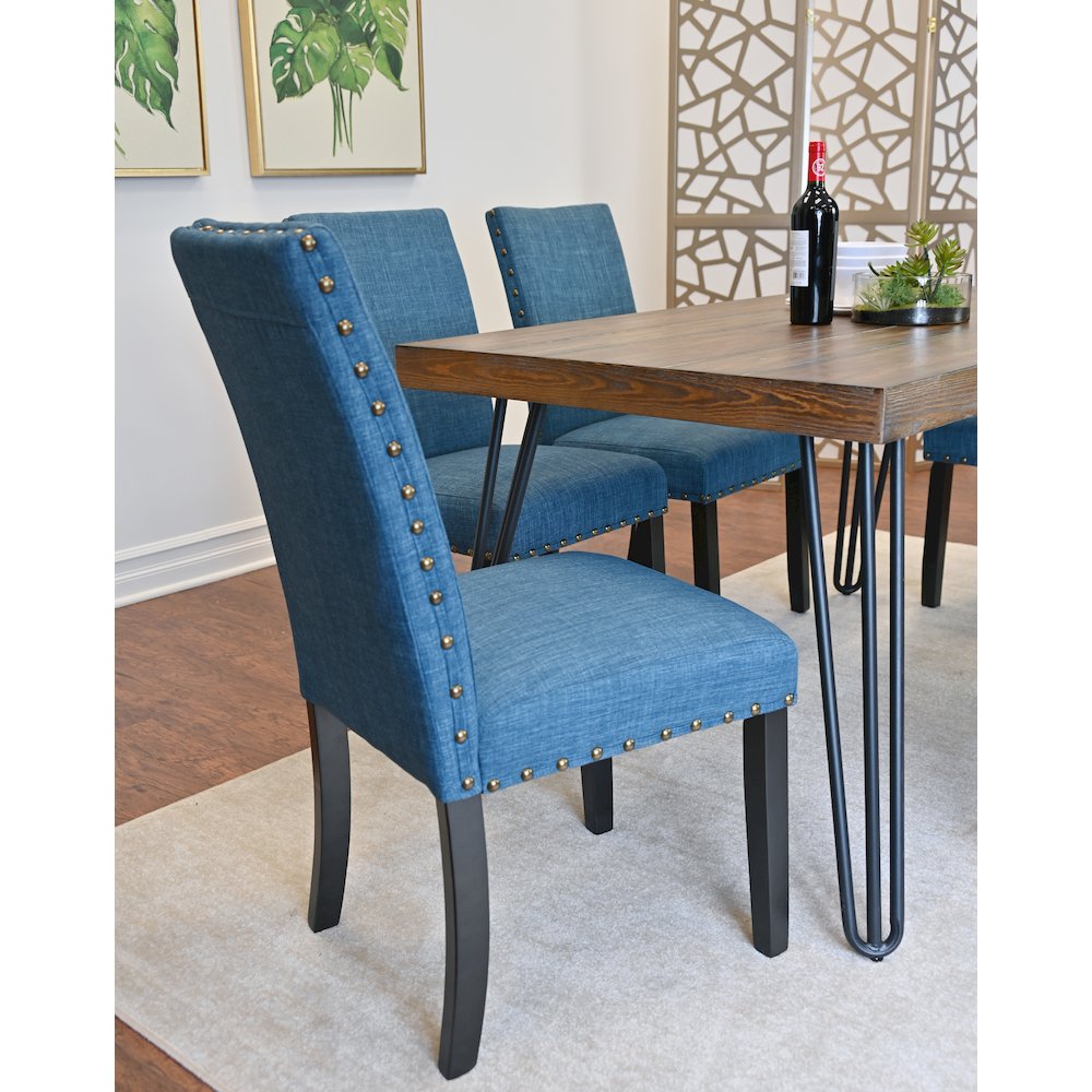 Amisos 6-Pc Dining Set, Hairpin Dining Table with 4 Chairs and Wood Bench, Blue. Picture 11