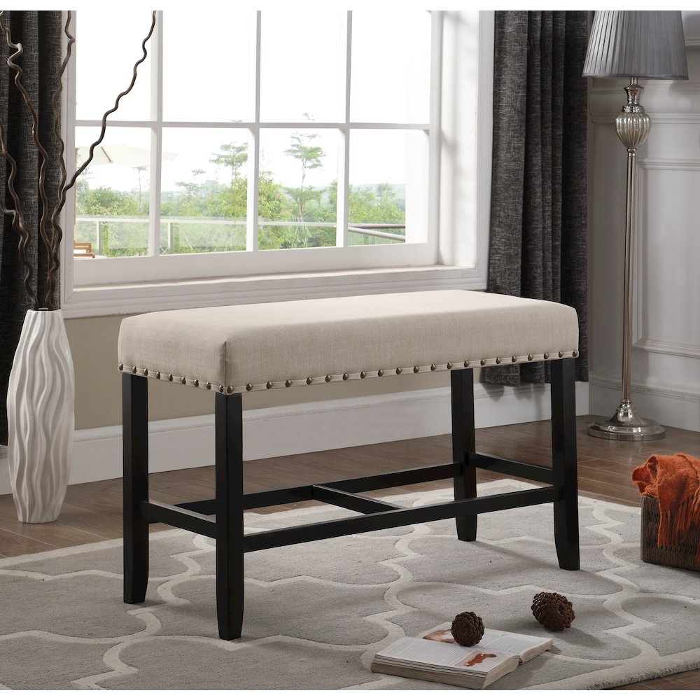 Biony Tan Fabric Counter Height Dining Bench with Nailhead Trim. Picture 2
