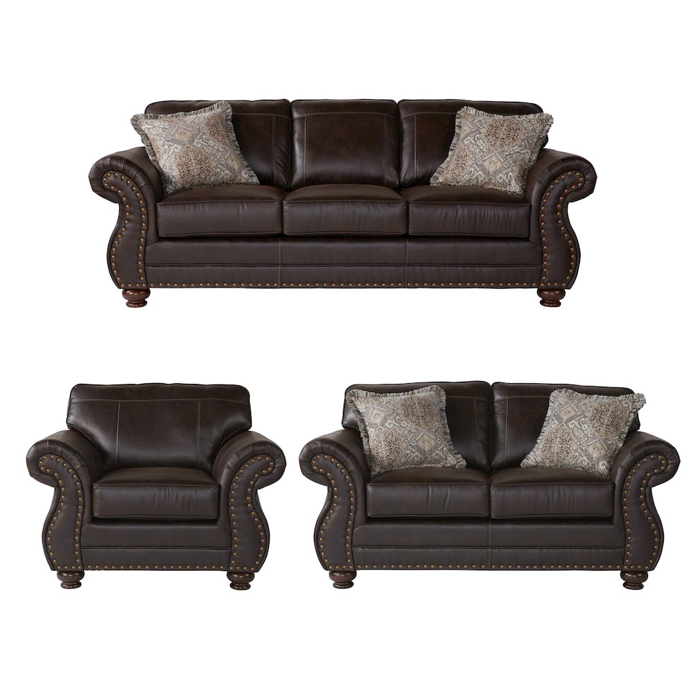 Leinster Faux Leather Nailhead Sofa, Loveseat, and Chair Set in Espresso. Picture 1