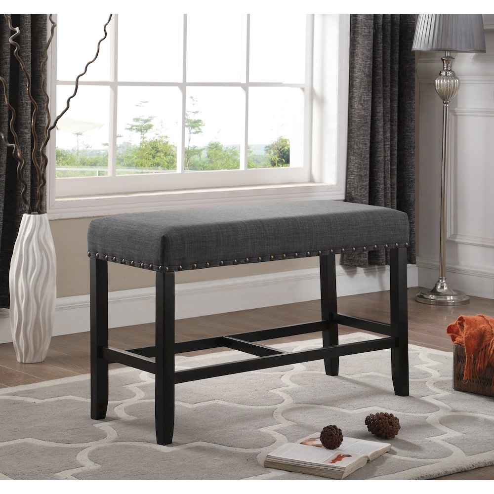 Biony Gray Fabric Counter Height Dining Bench with Nailhead Trim. Picture 2