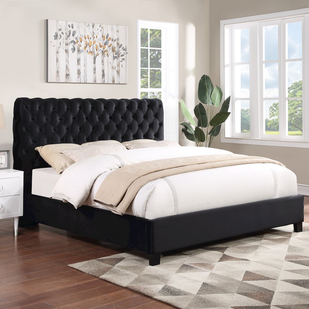 Apoera Velvet Upholstered Button Tufted Bed, King, Black. Picture 2