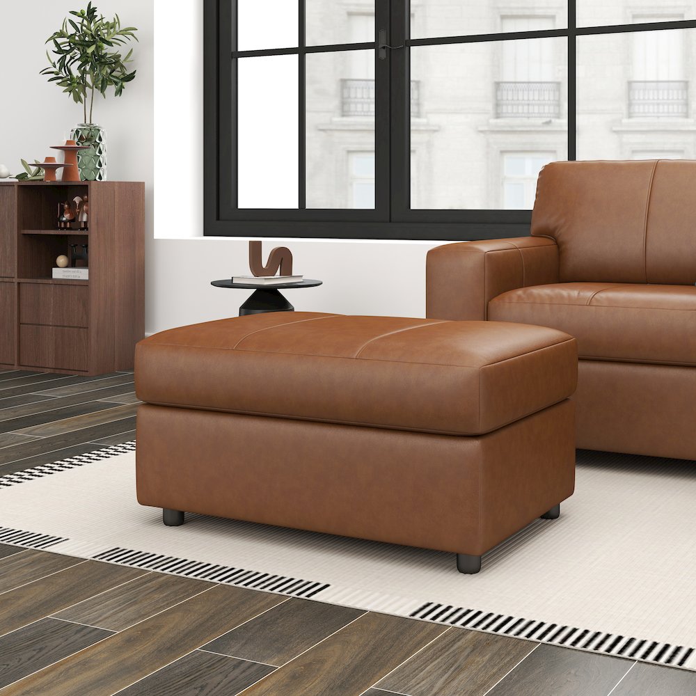 Sakan Leather Upholstered Ottoman, Caramel. Picture 2