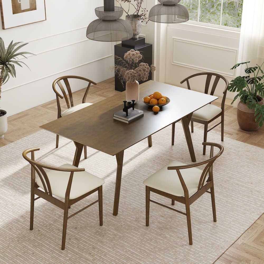 5-Piece Dining Set, Walnut Finished Dining Table with 4 Brown Wishbone Chairs. Picture 6