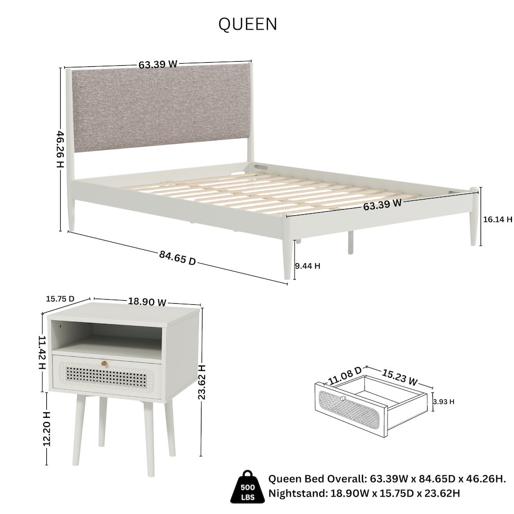 Feeney 3-Pc Bedroom Set, Platform Bed with Two Nightstands, Cream White, Queen. Picture 12