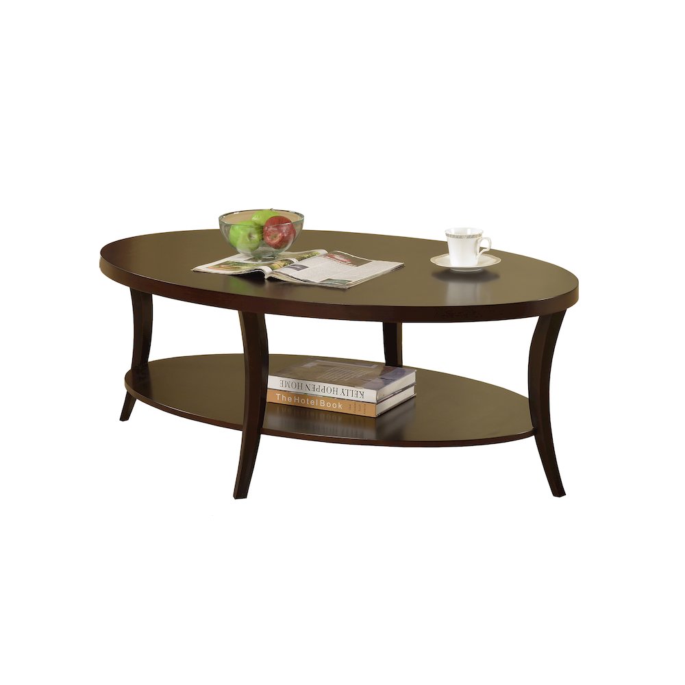 Perth Espresso Oval Coffee Table with Shelf. Picture 1