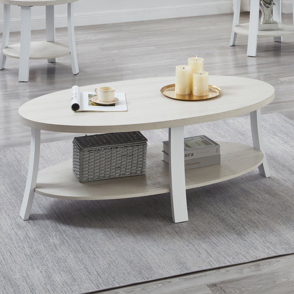 Anze Contemporary Oval Wood Shelf Coffee Table in White Finish. Picture 5