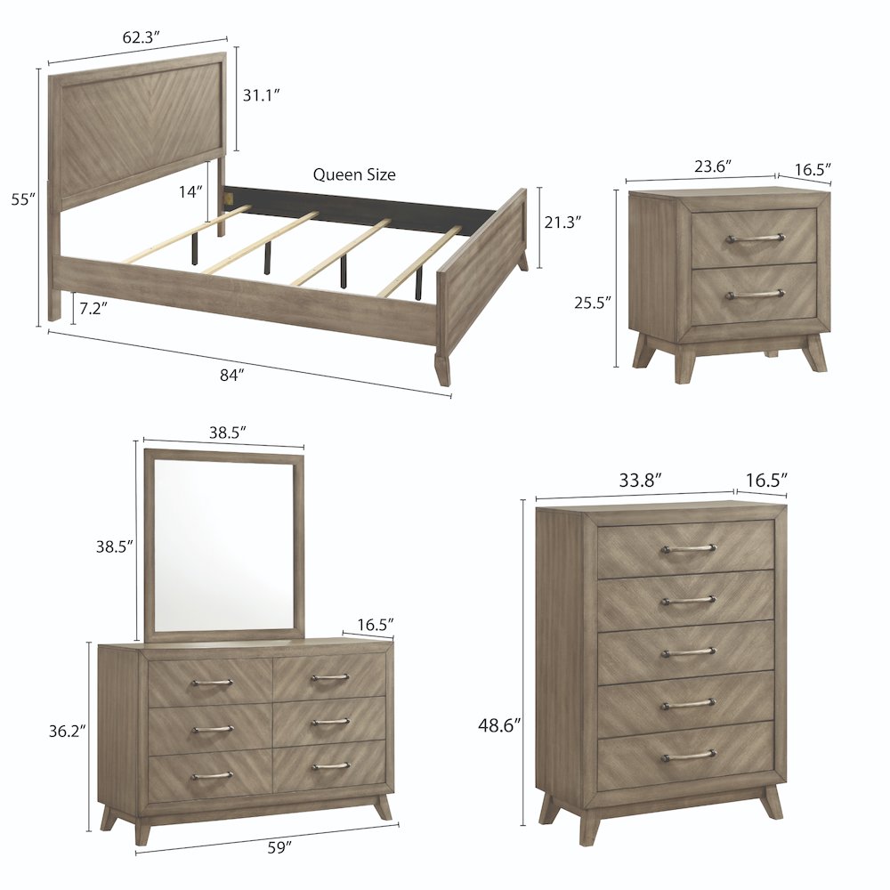 Bedroom Set: Queen Bed, Dresser, Mirror, 2 Nightstands, Chest in Weathered Sand. Picture 17