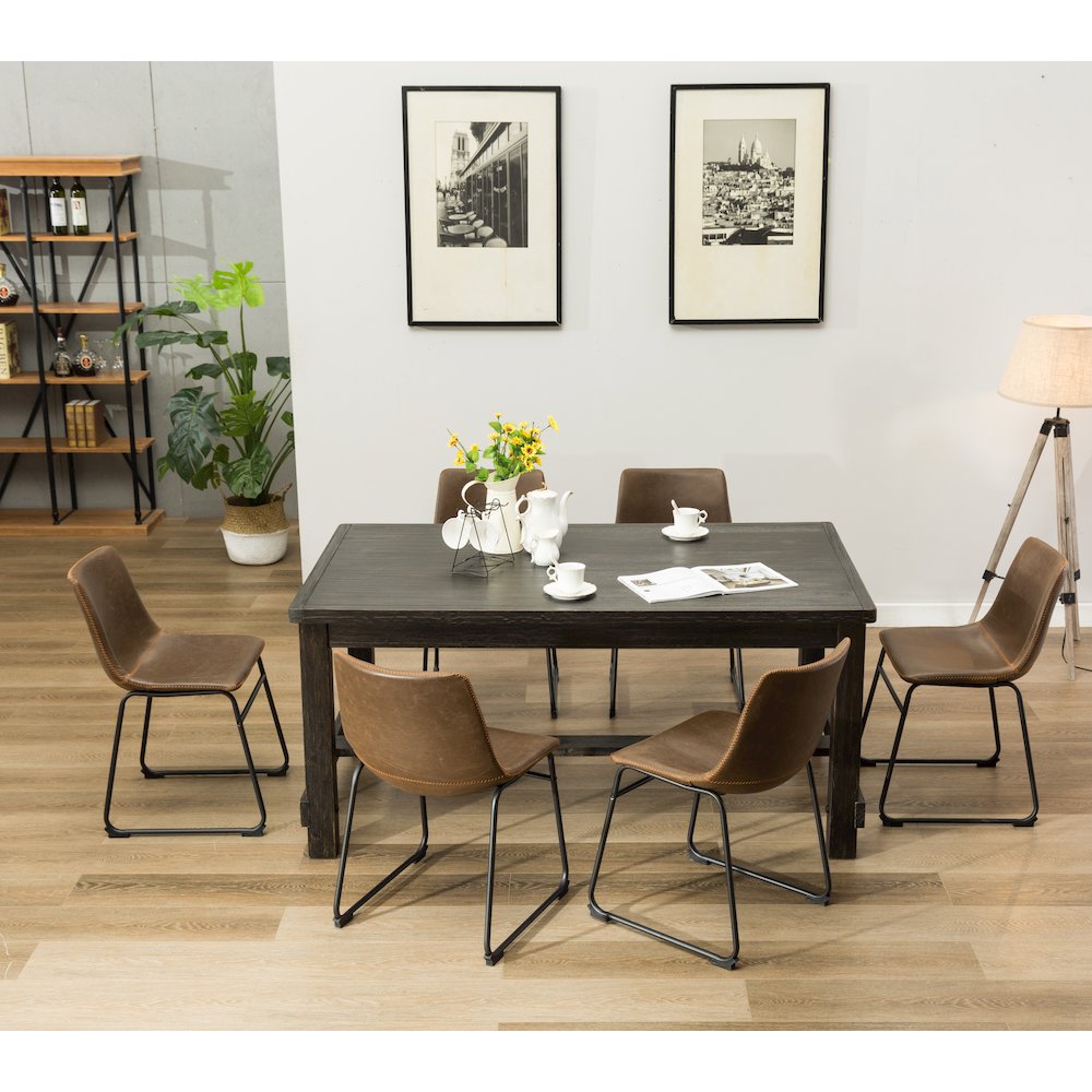 7-Piece Antique Black Finish Wood Dining Table, 6 Brown Faux Leather Chairs Set. Picture 5
