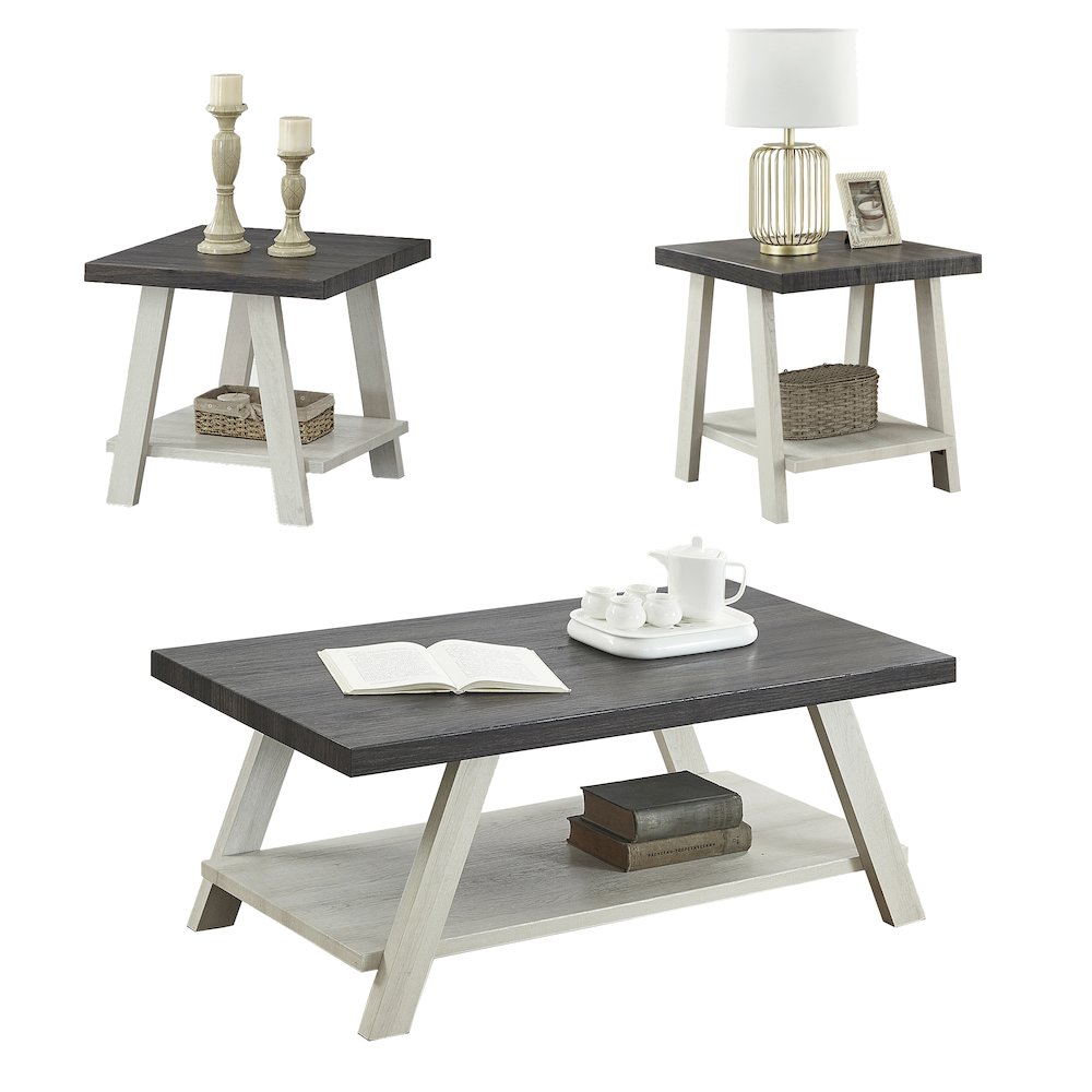 Athens Contemporary 3Pc Wood Shelf Coffee Table Set in Weathered Charcoal/Beige. Picture 1