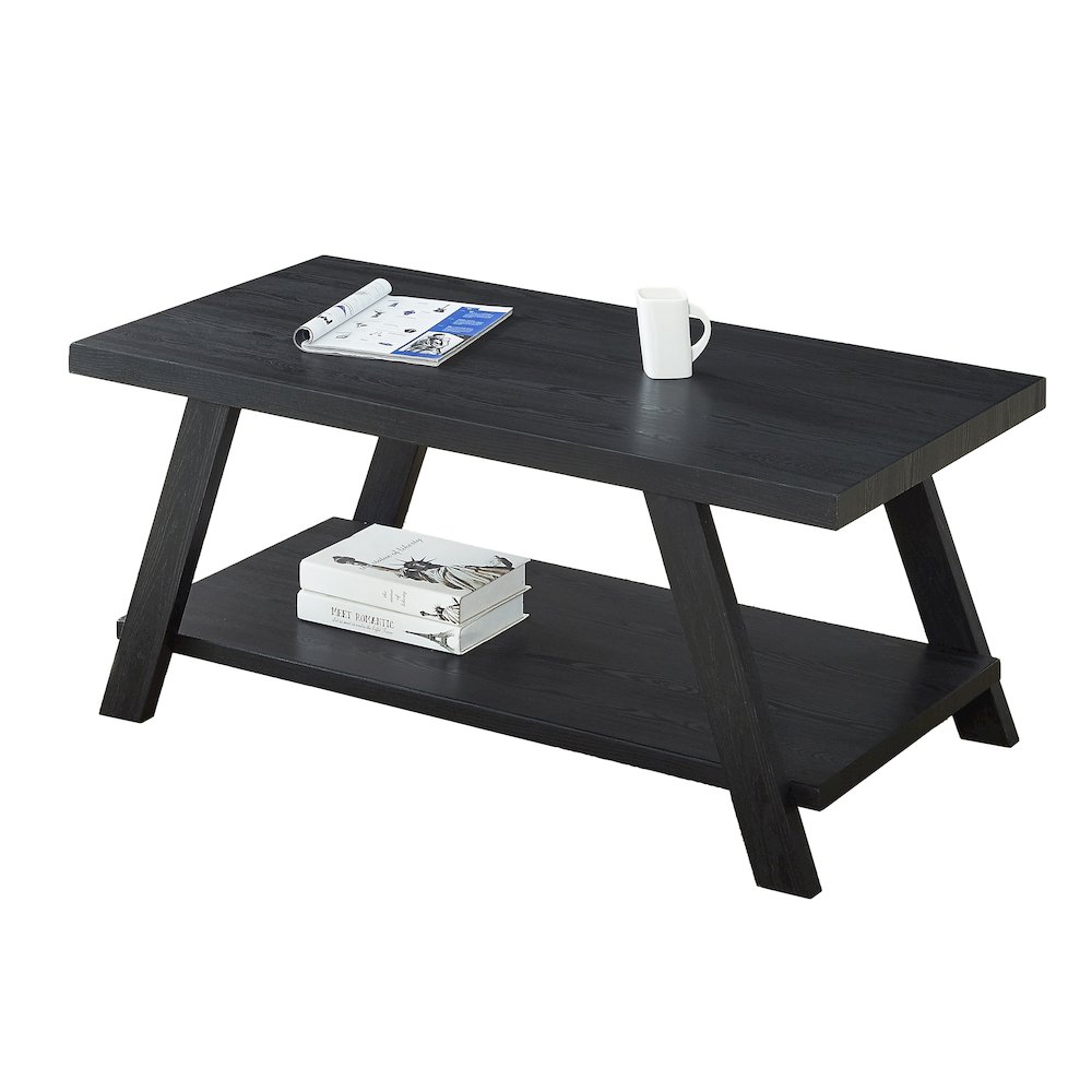 Athens Contemporary Replicated Wood Shelf Coffee Table in Black Finish. Picture 1