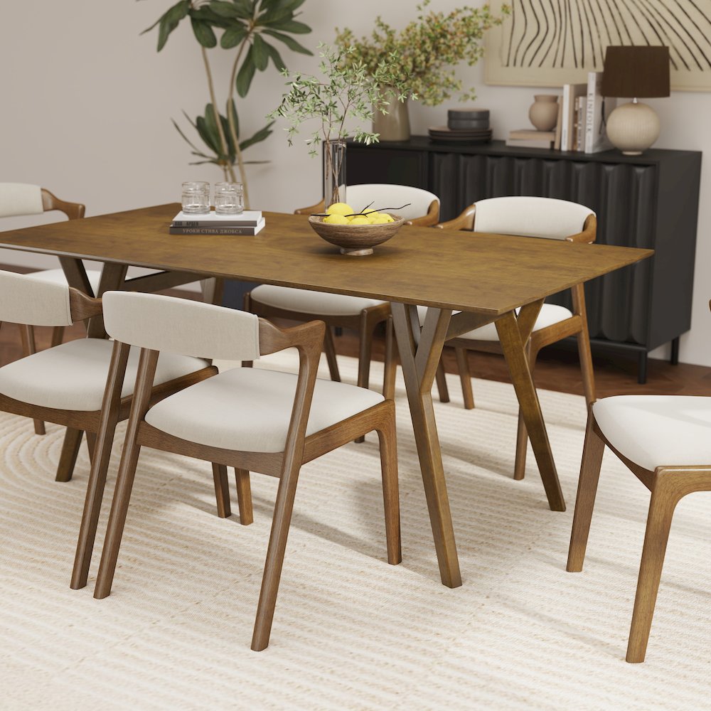 Modern 7-Piece Dining Set, Walnut Finished Dining Table with 6 Brown Chairs. Picture 8