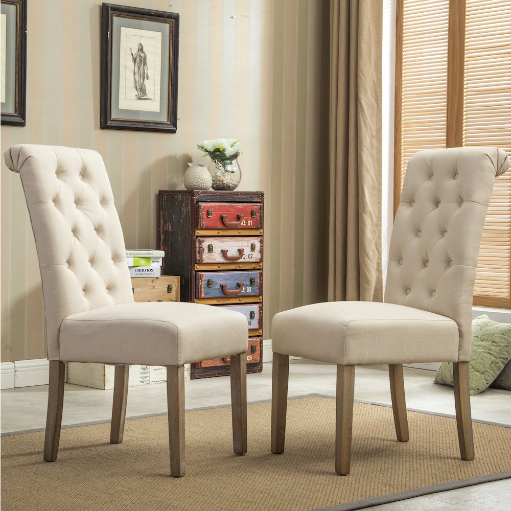 Habit Tan Solid Wood Tufted Parsons Dining Chair ,Set of 2. Picture 2
