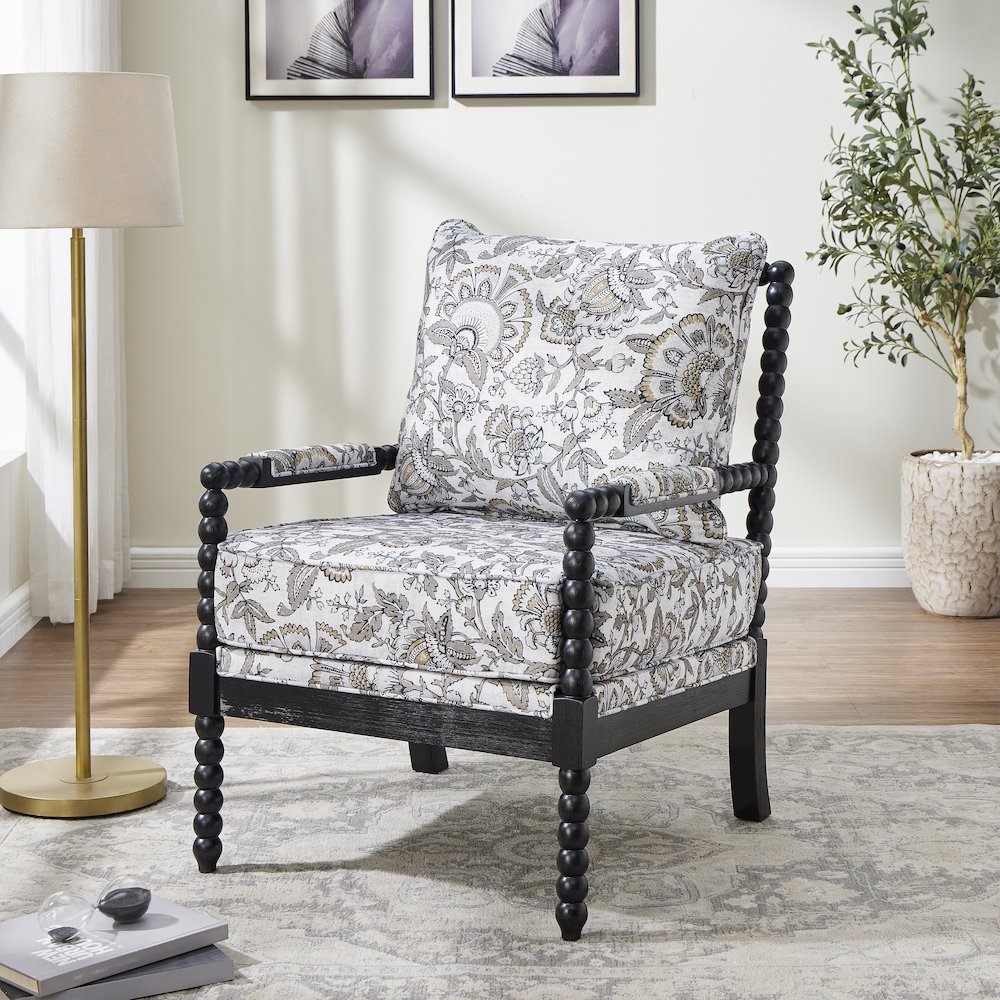 Belvoir Upholstered Spool Accent Chair, Floral with Black Finish. Picture 5