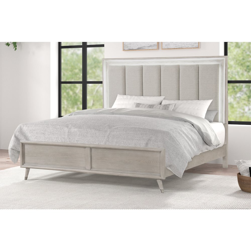 Seluna LED Lighting Panel Bed, Upholstered Headboard, Gray Oak Finish, King. Picture 2
