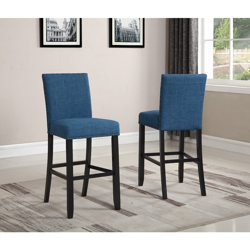 Biony Blue Fabric Bar Stools with Nailhead Trim, Set of 2. Picture 2