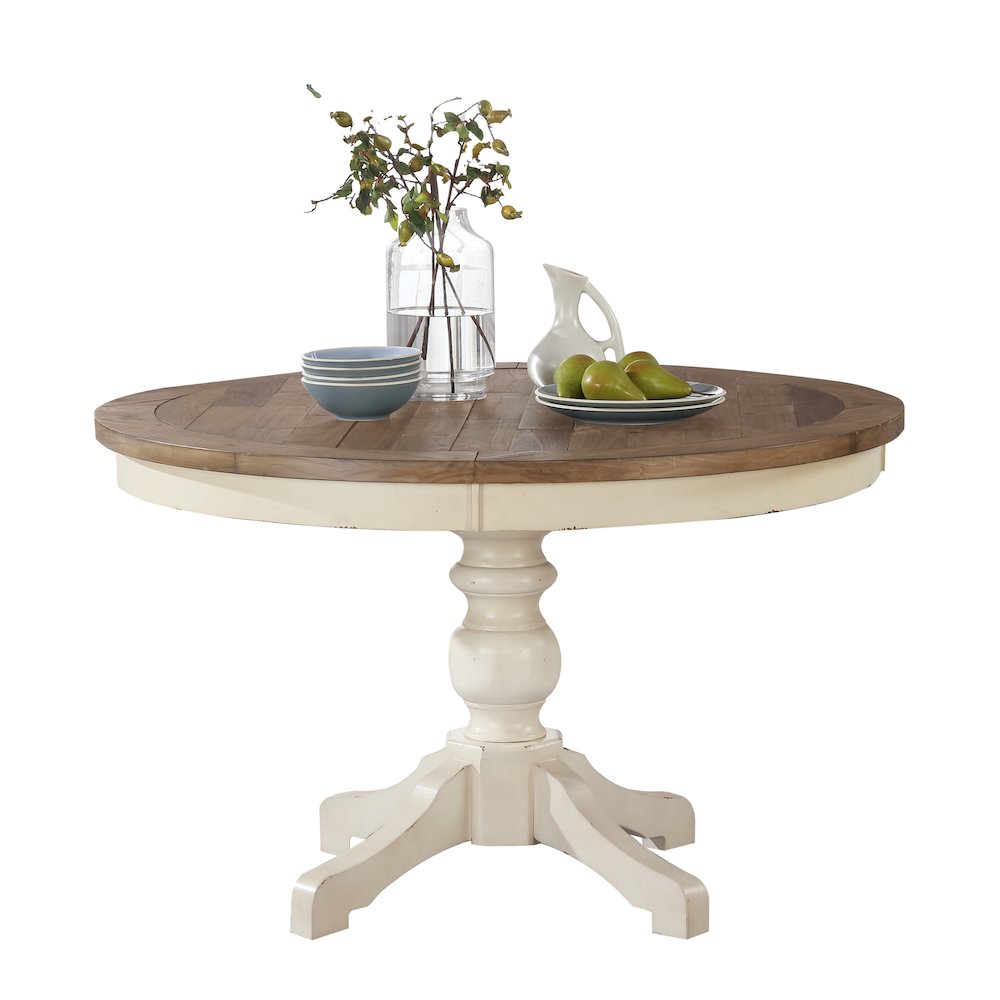 Prato Round Antique White and Distressed Oak Two-tone Finish Wood Dining Table. Picture 1