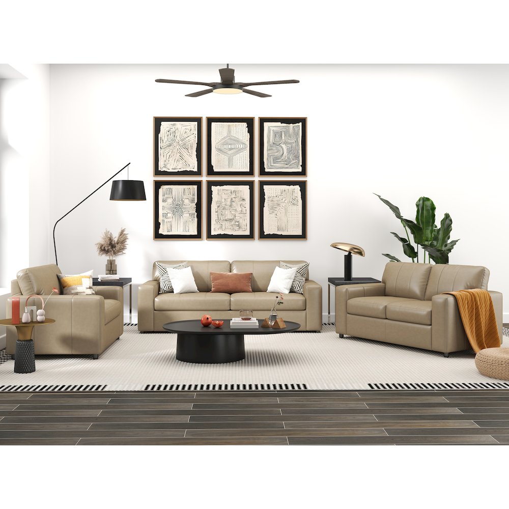 Sakan Leather 3-Pc Living Room Set, Sofa Loveseat and Chair, Beige. Picture 2
