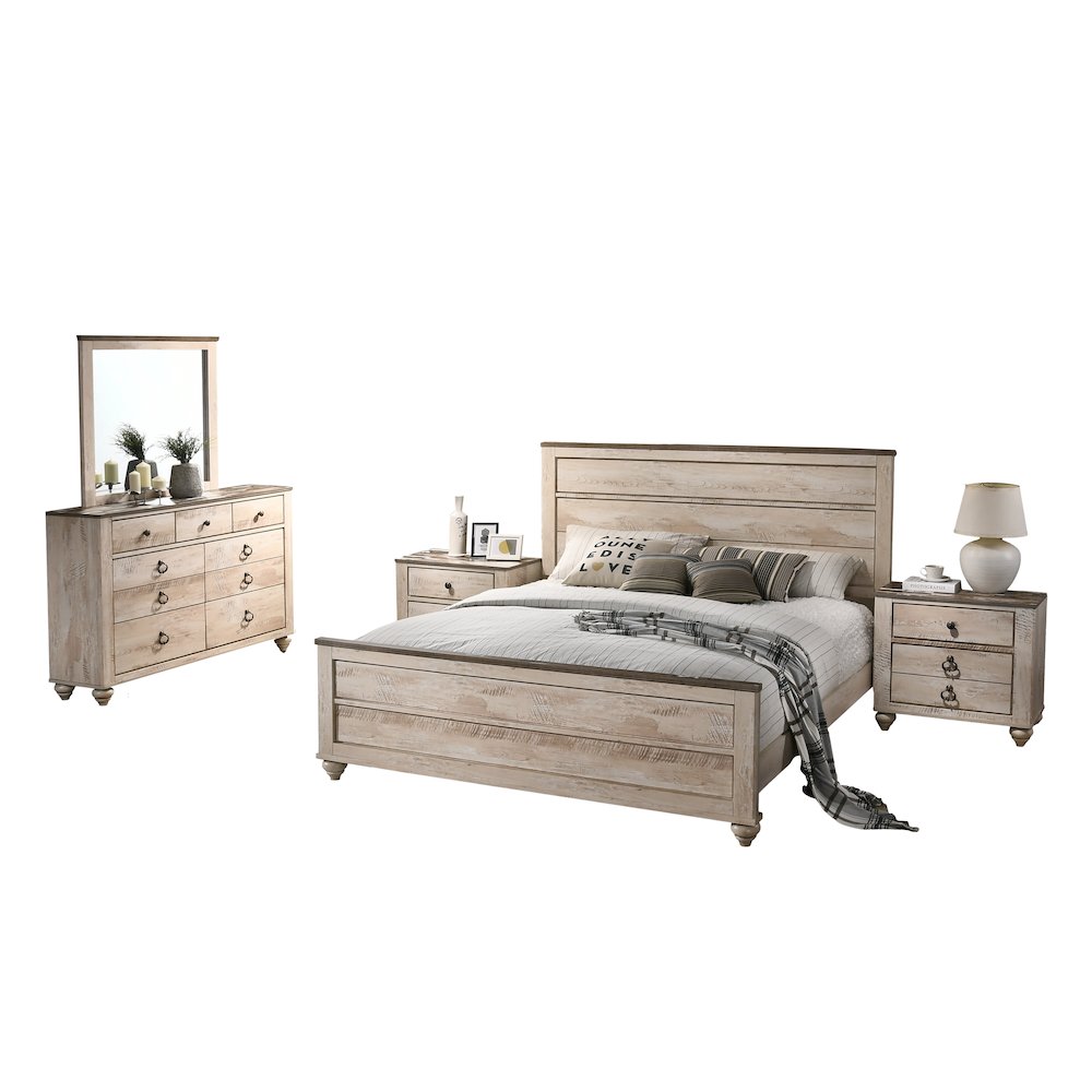 White Wash Finish 5-Piece Bedroom Set-Queen Bed, Dresser, Mirror, 2 Nightstands. Picture 1