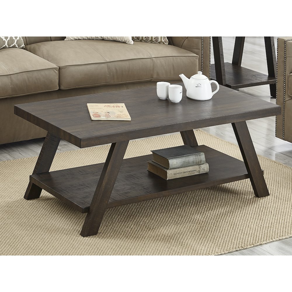 Athens Contemporary Wood Shelf Coffee Table in Weathered Espresso. Picture 3
