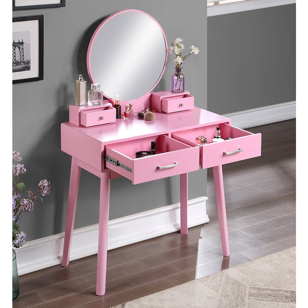 Liannon Contemporary Wood Vanity and Stool Set, Pink. Picture 3