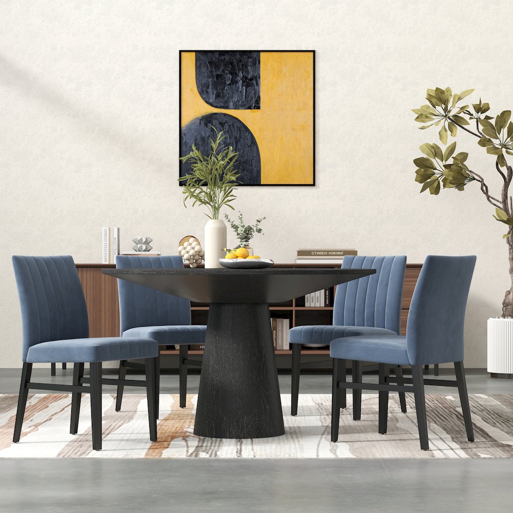 Butler 5-Piece Round Dining Set, Pedestal Dining Table with 4 Side Chairs, Blue. Picture 5