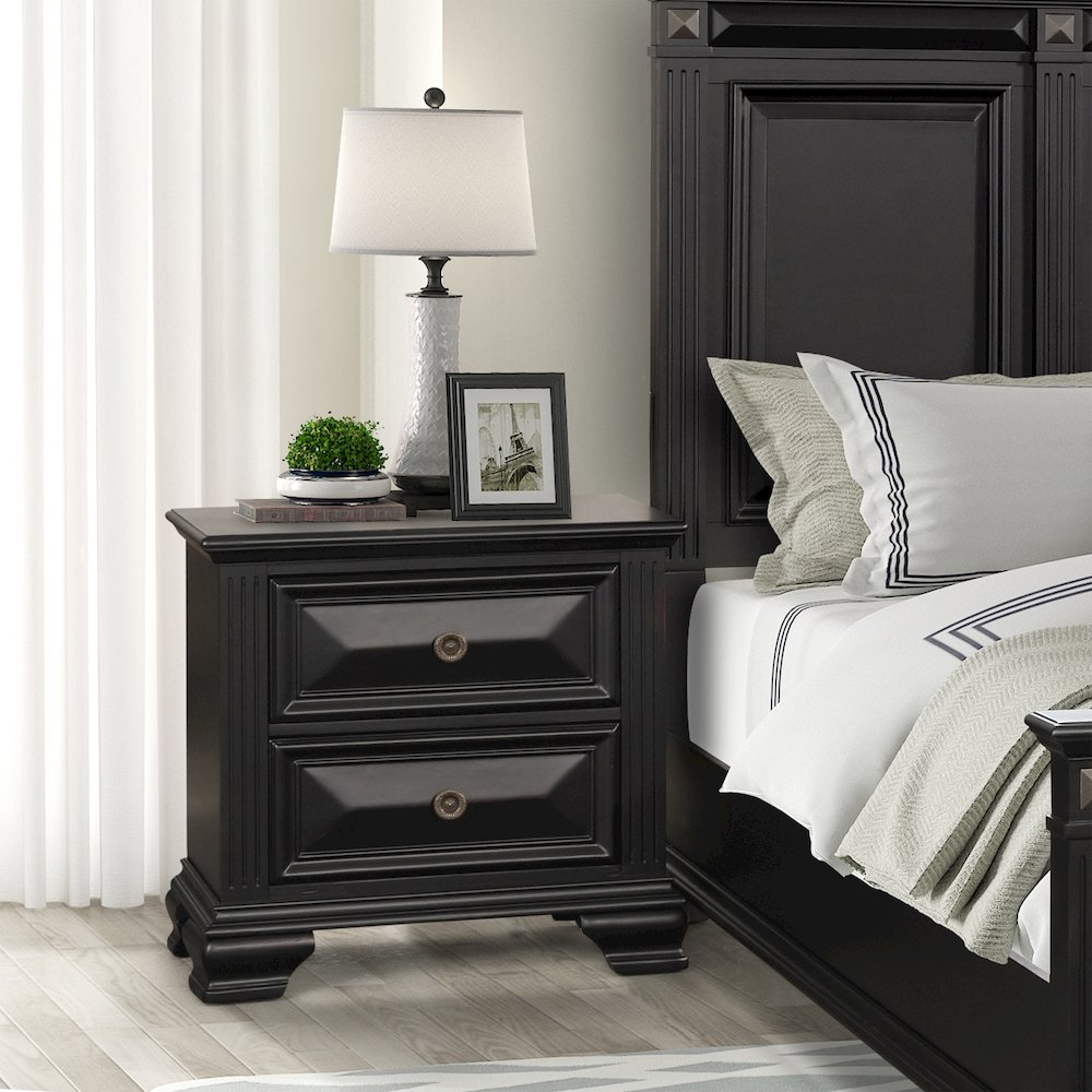 Vintage Black Wood Bedroom Set, King Panel Bed, Dresser, Mirror, 2 Nightstands. Picture 11