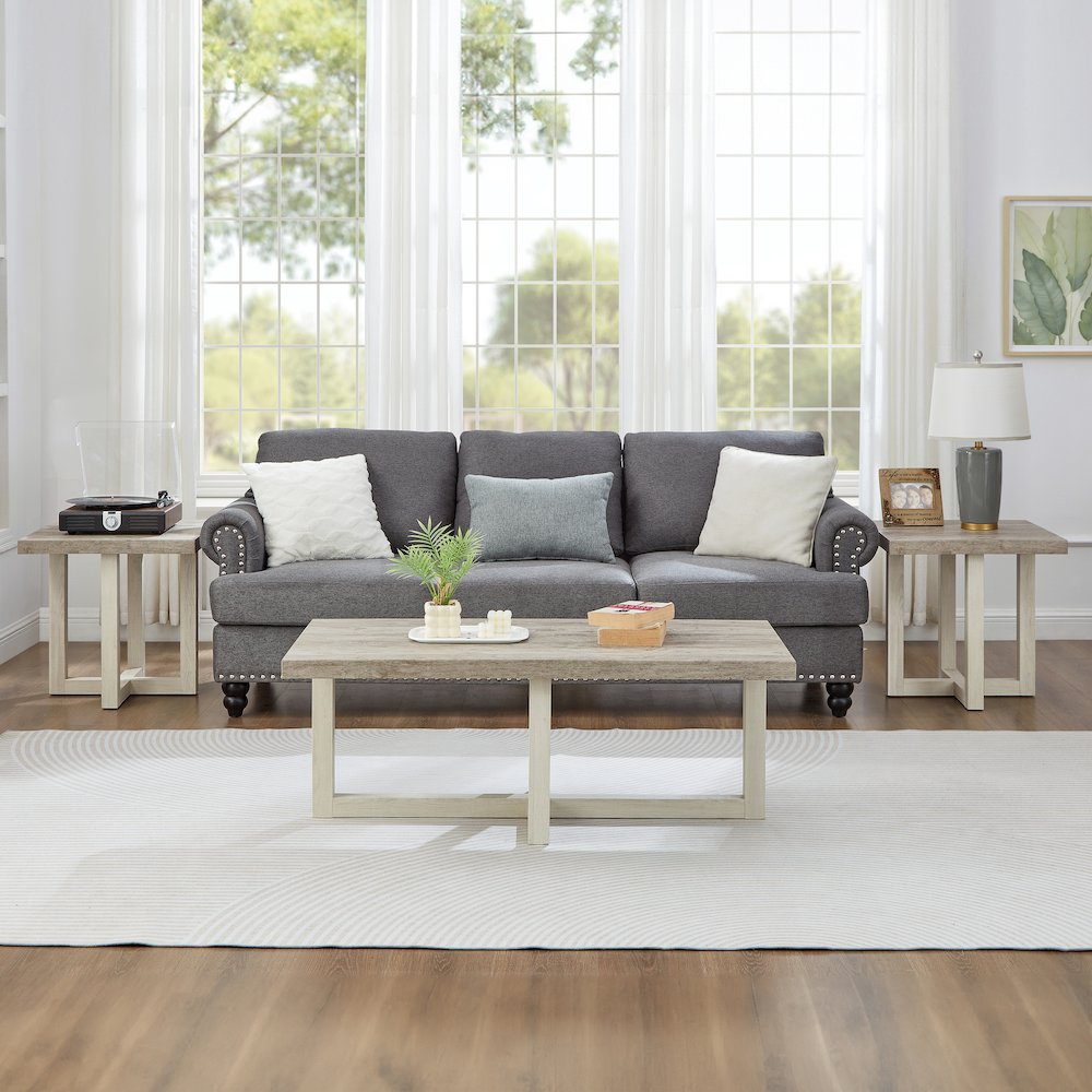 3-Piece Coffee Table Set, Coffee Table, Two End Tables, Weathered Gray and Beige. Picture 3