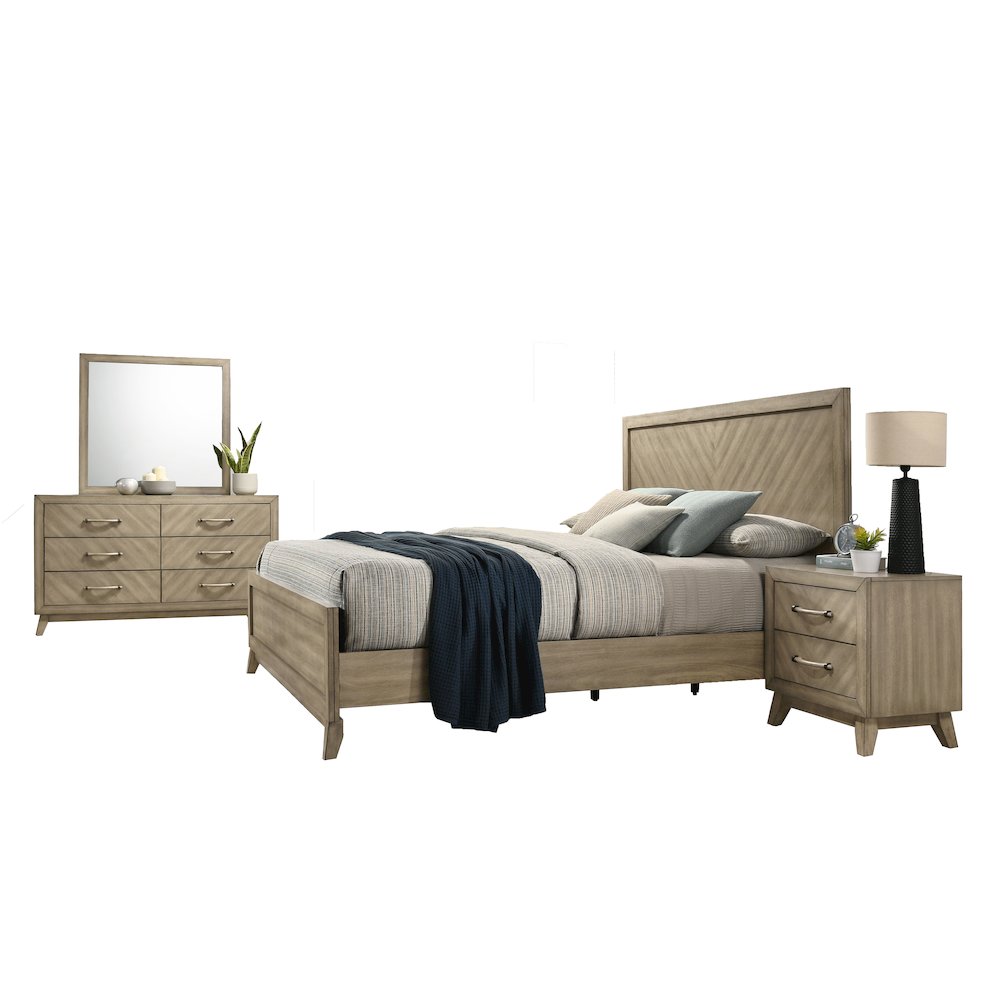 Wood Bedroom Set: King Bed, Dresser, Mirror, Nightstand in Weathered Sand. Picture 1