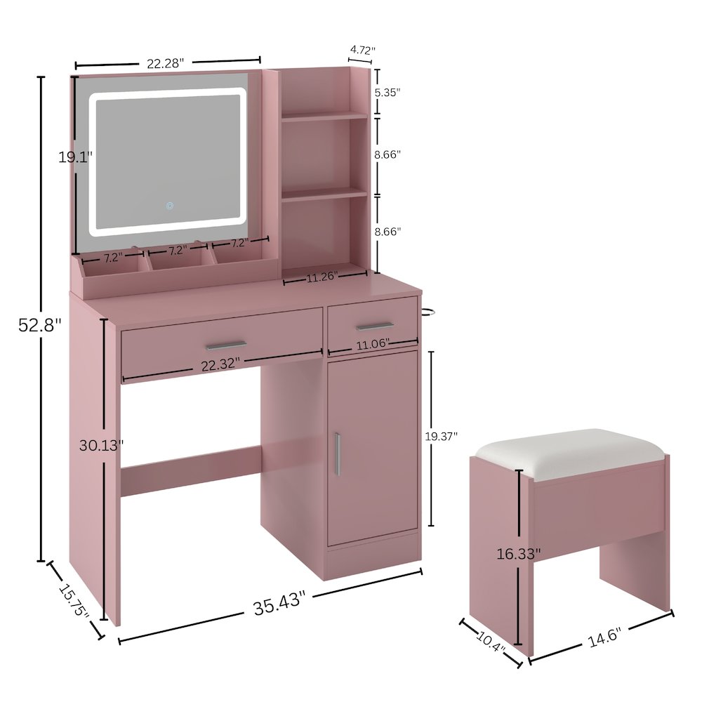 Makeup Vanity Set, Vanity Desk, Stool, LED Light Mirror, Pink. Picture 2