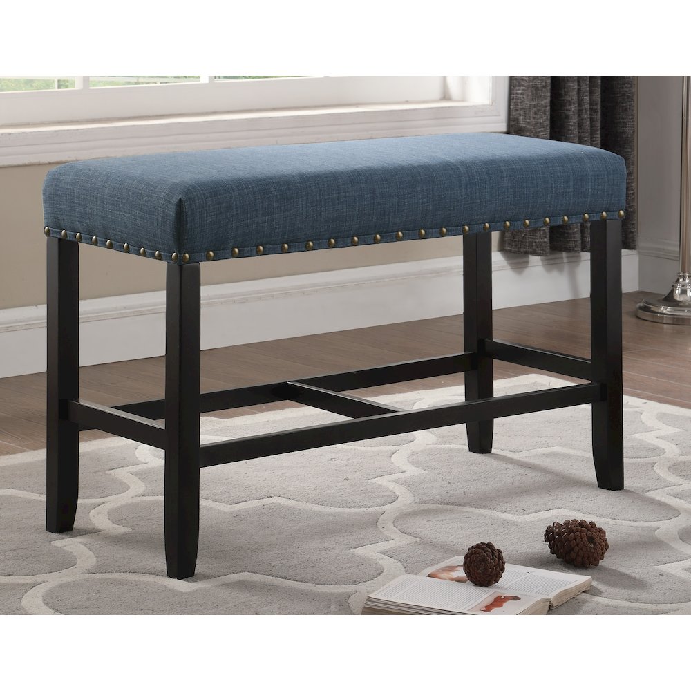 Biony Blue Fabric Counter Height Dining Bench with Nailhead Trim. Picture 3