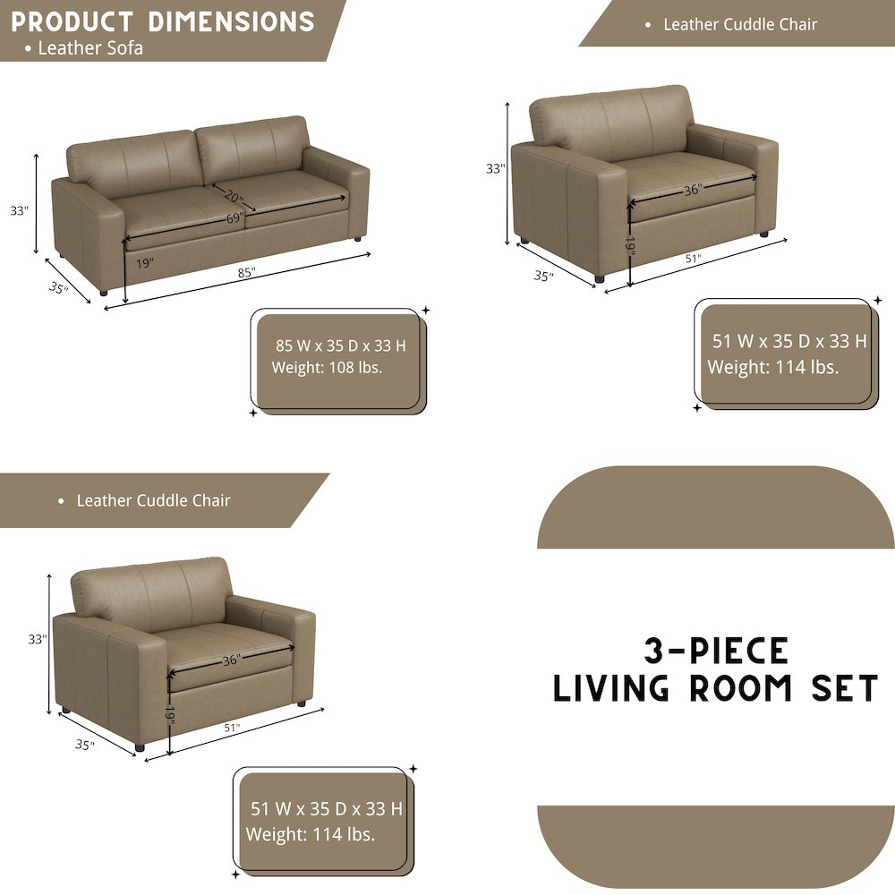 Sakan Leather Upholstered 3-Piece Living Room Set, Sofa and 2 Cutler Chairs. Picture 15